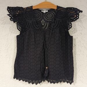 Jennifer & Grace Elegant Black Eyelet Lace Top Women's Small Crochet Lace Tassle